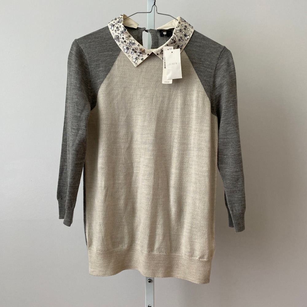 J. Crew XS Gray Beige Merino Wool Sweater Jeweled Peter Pan Collar